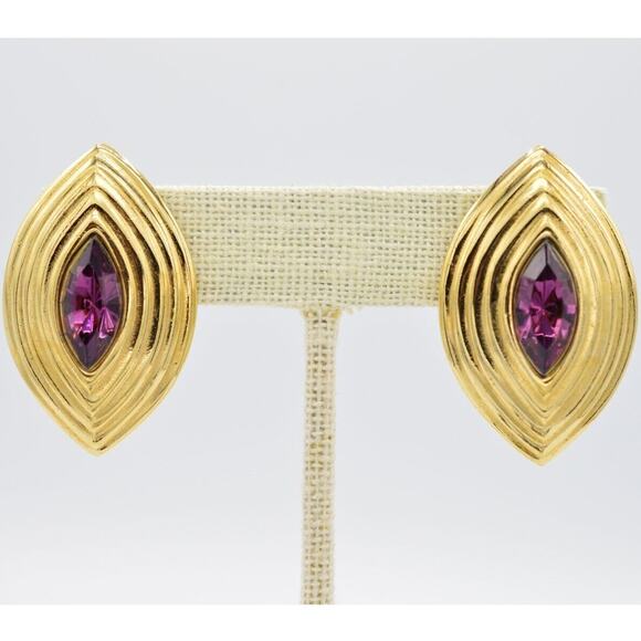 Givenchy Vintage Crystal Clip On Earrings Gold Purple Chunky Signed 1980s BinZ - Picture 1 of 10